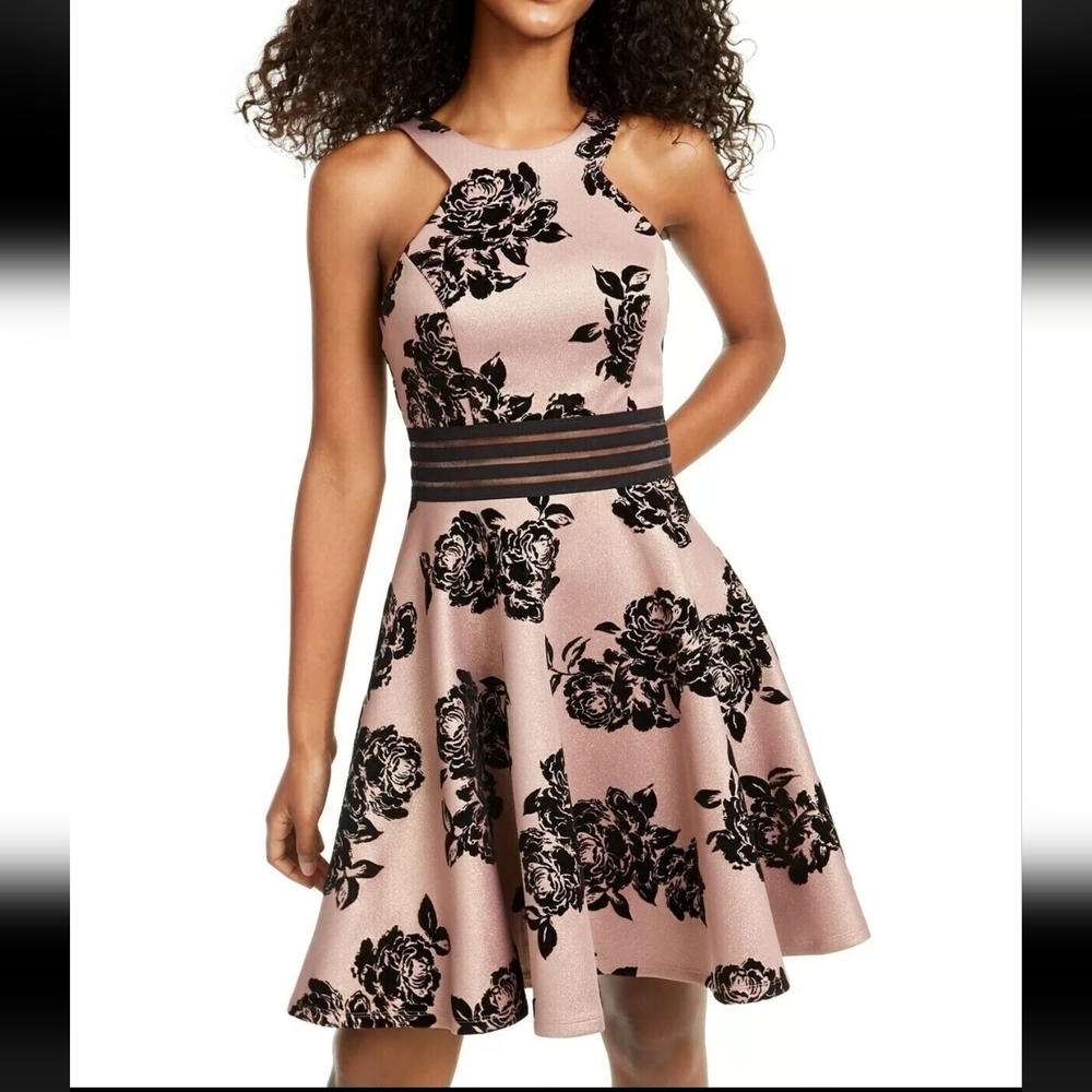 City Studio Rose/Gold Flocked Velvet Floral Detail Mini Dress Size 1 XS